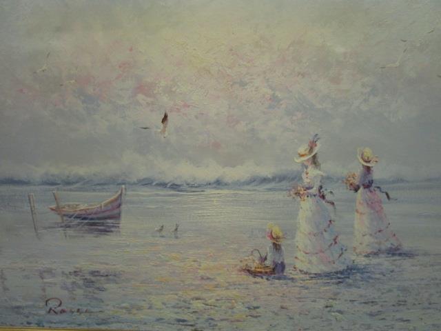 A group of three late 20th century seascape paintings, the larger depicting three girls in Edwardian