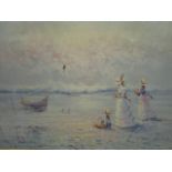 A group of three late 20th century seascape paintings, the larger depicting three girls in Edwardian