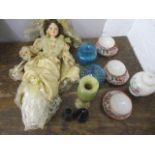 A mixed lot to include glassware, ceramics, a doll, paperweights and other items