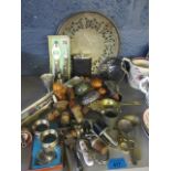 Miscellaneous bottle openers, cutlery, a tea strainer, Swiss Anri treen wine stoppers and other