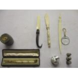 Mixed Victorian and later items to include a Victorian gilt metal and stone dip pen in a leather