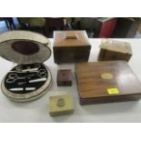 A selection of wooden and brass boxes to include a Chinese brass box with inset medallion jade