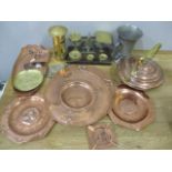 Metalware to include Arts & Crafts copper plates, a kettle, a pewter tankard, letter scales and