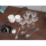 A mixed lot to include a set of six pedestal glasses, a silver and mother of pearl fruit knife, a