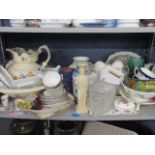 A selection of miscellaneous ceramics to include a jug and bowl set, floral dwarf candlesticks and a