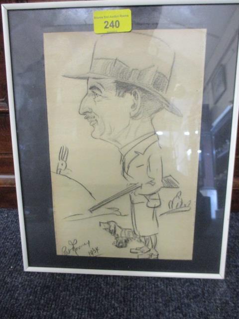 Pat Rooney -a caricature portrait of a man with a shotgun, pencil, signed lower left and dated 1954