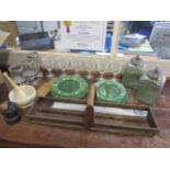 A mixed lot to include a treen carrying tray, etched glassware, majolica plates and other items