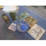 Mixed pottery to include wall plaques, a bowl, a twin handled vase and a table lamp