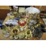 A mixed lot of mainly metalware to include a brass candelabra, cased butter knifes, a cigarette case