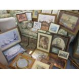 A quantity of mixed prints and copper pictorial plaques, together with two small wall mirrors