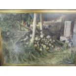 Ken Turner - a farmyard scene with chickens on logs, oil on board, signed lower right hand corner,