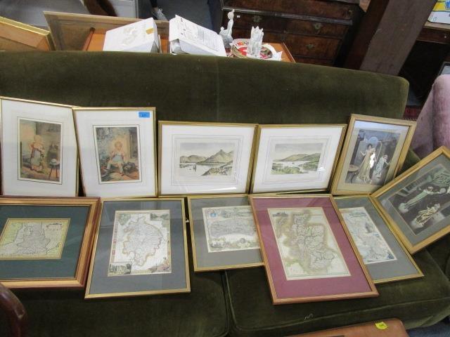 A small group of framed and glazed maps to include one of Scotland, along with various prints to