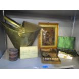 A mixed lot to include a leather notepad, silver plated cutlery, a brass coal bucket and other items