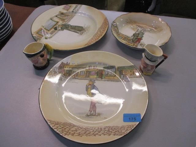 Three Royal Doulton plates and two character jugs