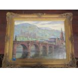 DuPont - a river scene with a bridge, oil on board, signed, in a gilt frame