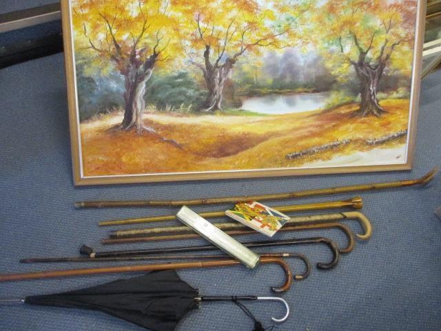 A quantity of walking canes and sticks, a vintage black umbrella, a ruler, a Flags of the World