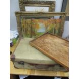 A mixed lot to include pictures, a green canvas and brown leather suitcase and a table