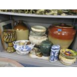 A mixed lot to include a stoneware flagon, a Japanese plate, a foot stool and other items