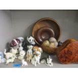 A Natwest money box in the form of pandas, ceramic model animals, treen bowls, a heart box and a