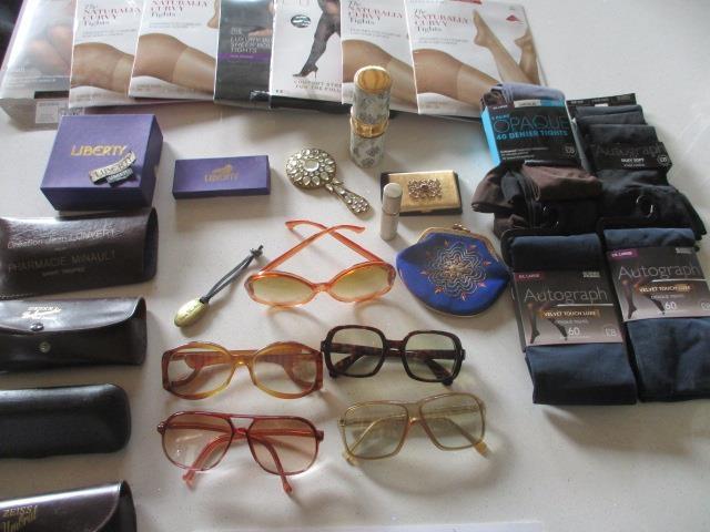Vintage glasses, mixed glass cases, various brand new High Street ladies' tights in original