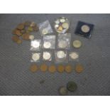 A quantity of coins to include a £5 coin and German coins along with a cartwheel penny