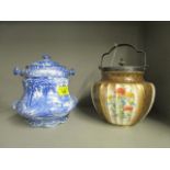 A Doulton Burslem pottery and silver plated biscuit barrel, along with a James Kent blue and white