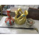 A mixed lot to include a Continental vase, a walking stick, a painted plant pot and other items