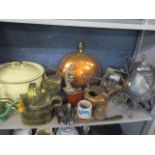 A vintage lot to include a vintage enamelled bread bin, a pair of indoor brass watering cans and a