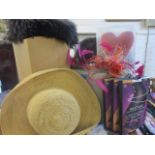 A rabbit fur Russian style hat, a Miller rabbit fur head band, a hat box, a quantity of feathers,