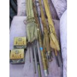 A Hardy split cane fly rod, a Hardy tail loop, a Martin James Greaves split cane rod, an Anon Shaw