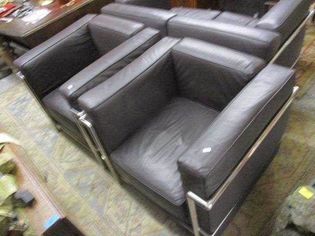 A brown leather two seater sofa with a chrome frame and two matching armchairs - Image 2 of 2