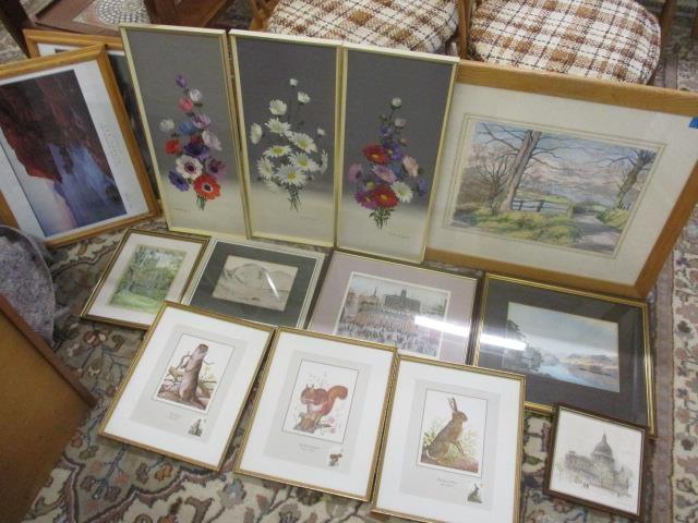 Mixed picture to include a Lowry print, three still life pictures signed Norah Simpson and others