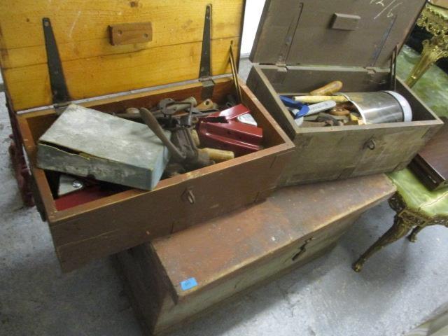 Three vintage tool chests, two containing mixed tools to include rulers, saws, and other items