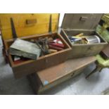 Three vintage tool chests, two containing mixed tools to include rulers, saws, and other items