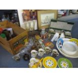 A collection vintage items to include stair rods, tins, glassware, ceramics, treen and a watercolour