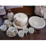 A mixed lot to include coffee cans and saucers, a Victorian cheese dish and a jelly mould