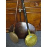 Two Victorian bed warming pans and a 19th century painted mahogany, twin handled tray