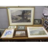 Pictures to include After Farquharson, print, a 19th century rural scene watercolour, limited