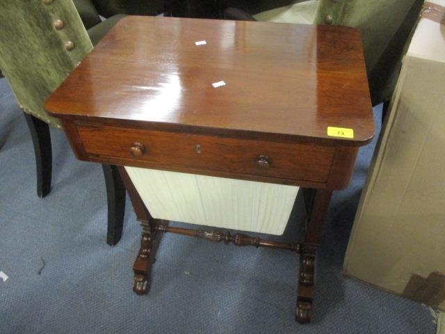 A William IV rosewood work box with water stained silk basket, 29" h x 22"w