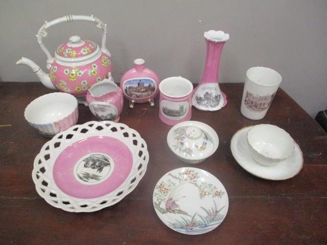 Ceramics to include a Japanese bowl, a saucer and cover and souvenir ware
