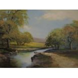 Mike Nance - River landscape with trees, oil on board, signed lower right corner, 18" x 30", gilt