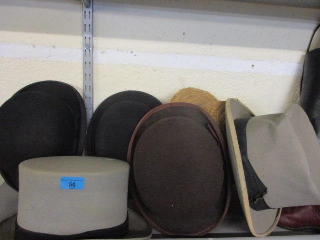 Three bowler hats to include Dunn & Co, a boater and two top hats, A/F