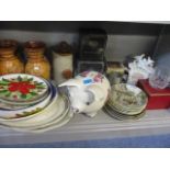 Mixed pictorial plates, mixed vintage meat platters and vases, three tankards to include an