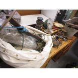 A mixed lot to include boat-related items, a galvanized bucket, weighing scales, oil lamps and other