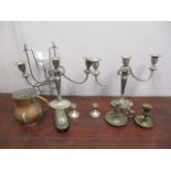 Metalware to include a pair of silver plated candelabra, a pair of silver dwarf candlesticks and