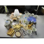 A mixed lot to include a Bimini glass spill vase, a vintage lamp, a part teaset, binoculars and