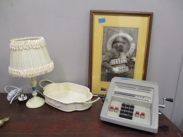 A mixed lot to include a Facit mechanical adding machine, a Laura Ashley lamp, a tray and a black