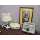 A mixed lot to include a Facit mechanical adding machine, a Laura Ashley lamp, a tray and a black