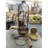 A mixed lot to include an Edwardian inlaid mahogany three-tier folding cake stand, a copper horn and