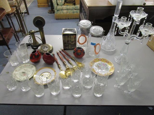 A mixed lot to include three Poole vases, sherry glasses, tumblers, a decanter, a candelabra, a